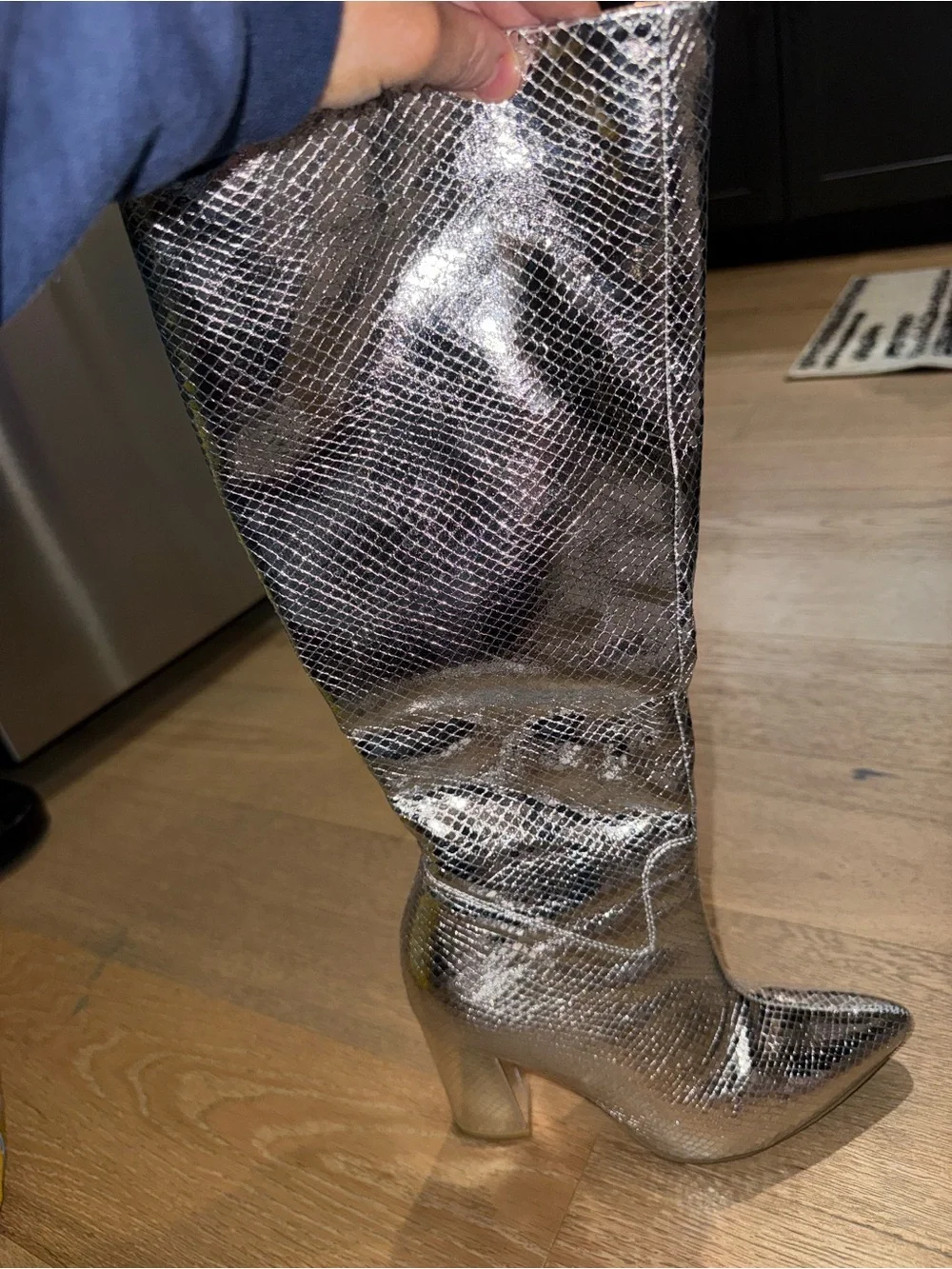 SHEIN Metallic Silver Snakeskin Over-the-Knee Block Heel Boots
